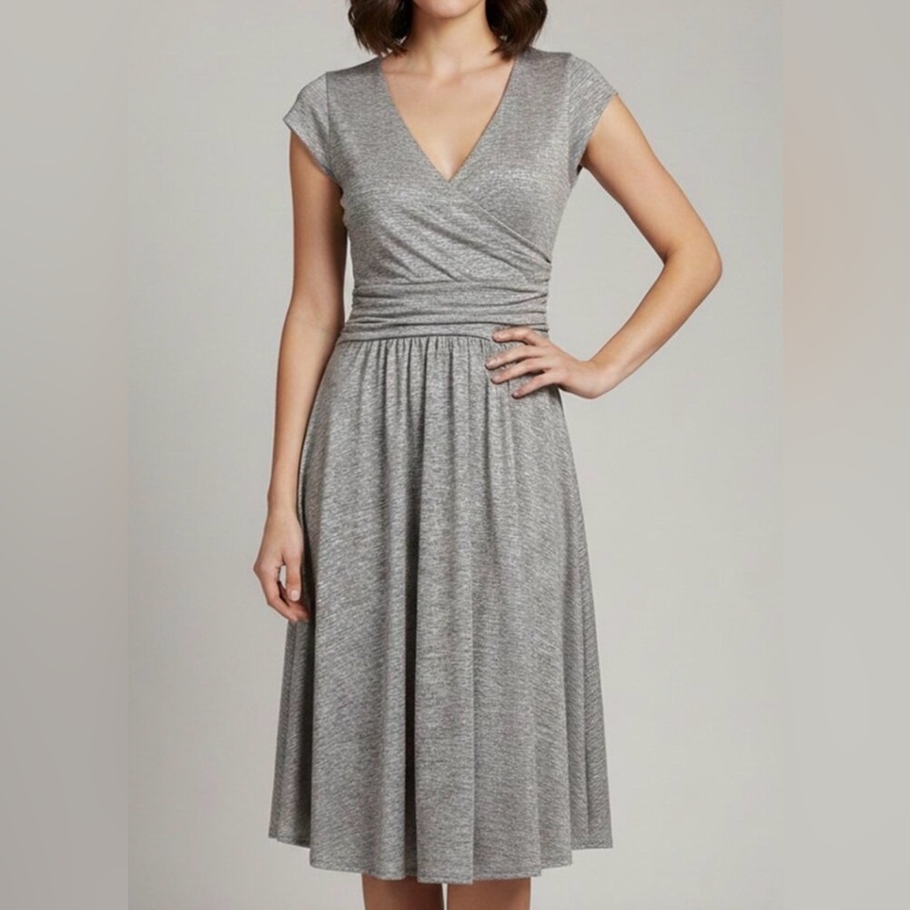 Anthropologie Maeve Tamera Silver Grey faux Warp Jersey Dress L large